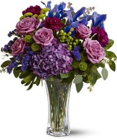 Purple Rose, Hydrangea and Iris Floral Arrangement